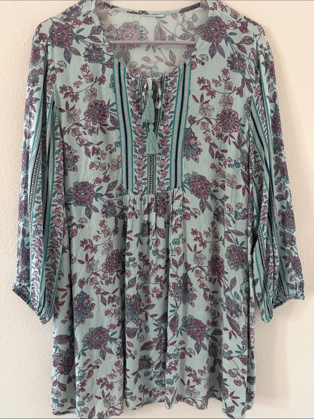Women's Floral Peasant Tunic Top in Light Teal and Plum